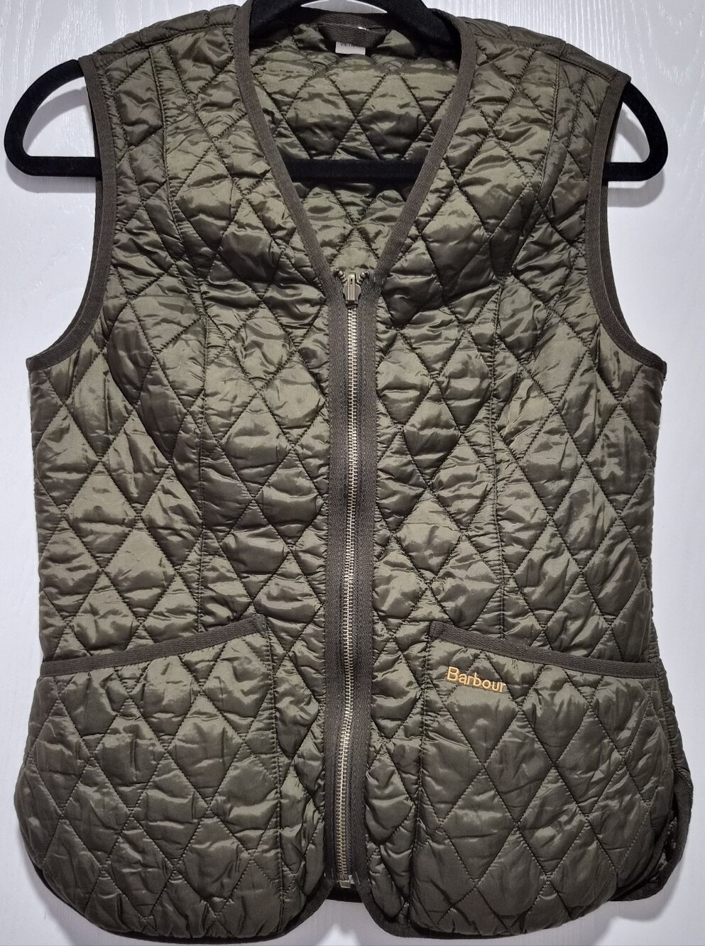 Barbour Womens Olive Green Quilt Sleeveless Gilet Betty Interactive Liner Size 6